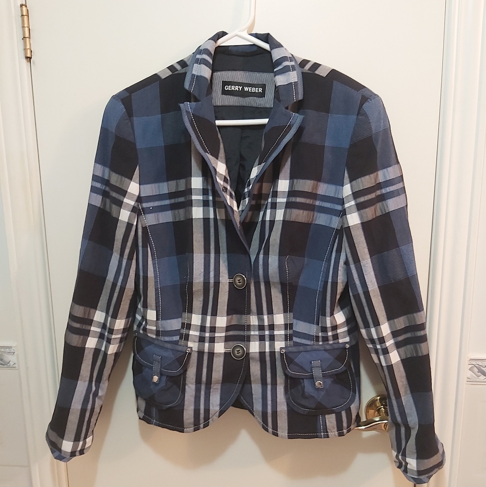 Gerry Weber Plaid Blue, White and Black Blazer Coat Jacket, Size 10